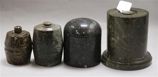 A Cornish serpentine tobacco jar and three other marble tobacco jars tallest 15cm (4)